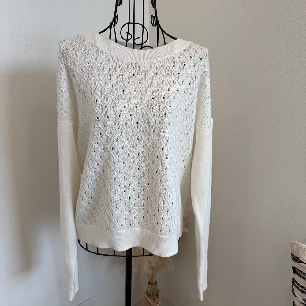 Banana Republic White Diamond Pointelle Open Knit Cotton Crew Neck Sweater